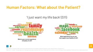 38
Wac, K., Rivas, H., & Fiordelli, M. (2016). Use and misuse of mobile health information technologies for health self-management. Annals of Behavioral Medicine, 50 (Supplement 1).
Wac, K. et al., “I Try Harder”: The Design Implications for Mobile Apps and Wearables Contributing to Self-Efficacy of Patients with Chronic Conditions, Frontiers in Psychology, SI: Improving Wellbeing in Patients with Chronic Conditions (under revision)
What applications do you use,
that support your Quality of Life?
What is your current experience
of Quality of Life?
Human Factors: What about the Patient?
‘I just want my life back’ (S11)
 