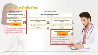 Not the Only One
43
Mayo, N. E., Figueiredo, S., Ahmed, S., & Bartlett, S. J. (2017). Montreal Accord on Patient-Reported Outcomes (PROs) use series–Paper 2: terminology proposed to measure what matters in health. Journal of clinical epidemiology, 89, 119-124.
Psychometrics: Validity and
reliability of instruments
(e.g., Rasch models, IRT)
Validation datasets
(e.g., multivariable logistic
regression models)
→ Predictive models
TechROs
PROs
 