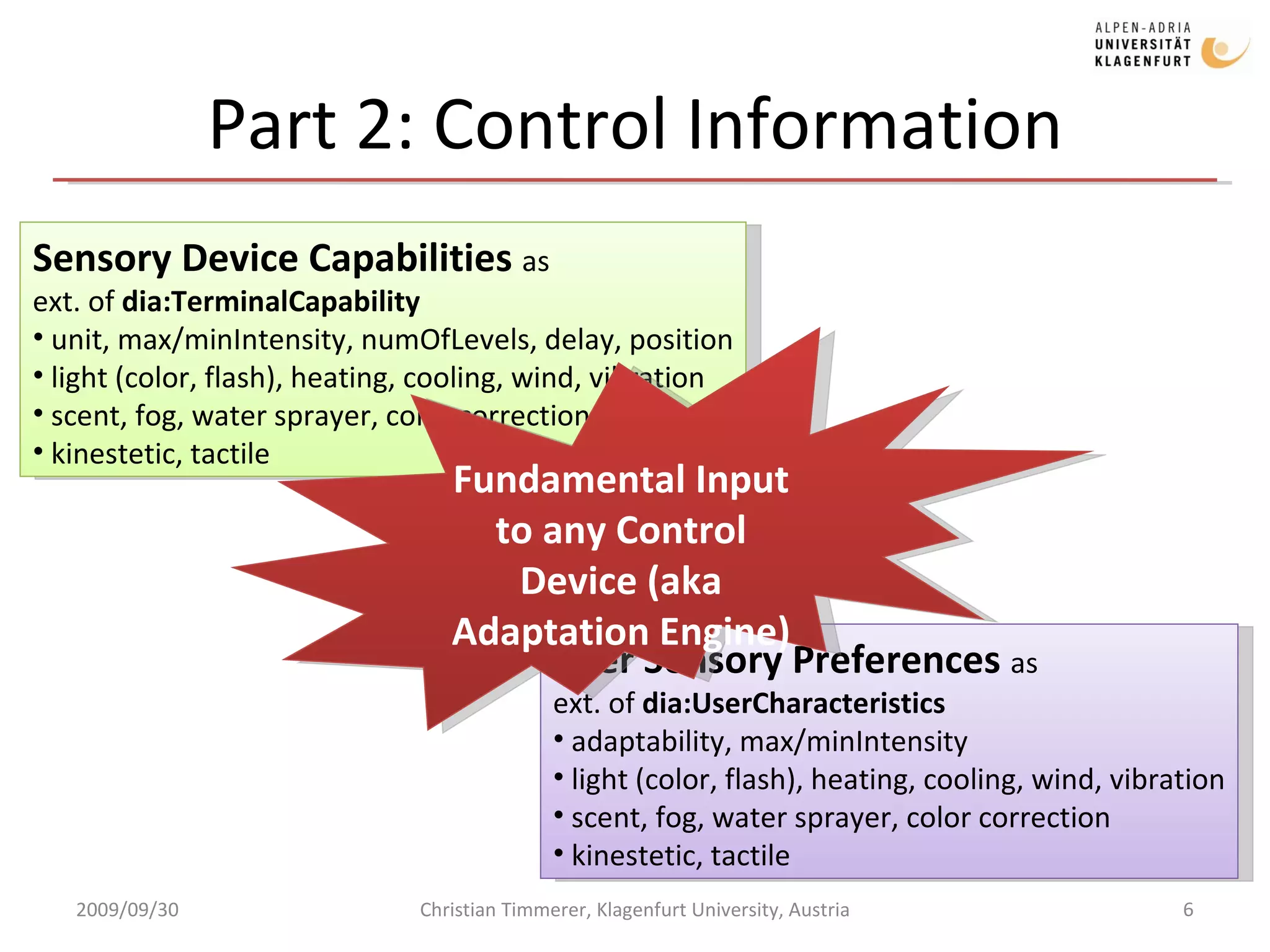 Part 2: Control Information 2009/09/30 Christian Timmerer, Klagenfurt University, Austria Sensory Device Capabilities  as ext. of  dia:TerminalCapability unit, max/minIntensity, numOfLevels, delay, position light (color, flash), heating, cooling, wind, vibration scent, fog, water sprayer, color correction kinestetic, tactile User Sensory Preferences  as ext. of  dia:UserCharacteristics adaptability, max/minIntensity light (color, flash), heating, cooling, wind, vibration scent, fog, water sprayer, color correction kinestetic, tactile Fundamental Input to any Control Device (aka Adaptation Engine) 