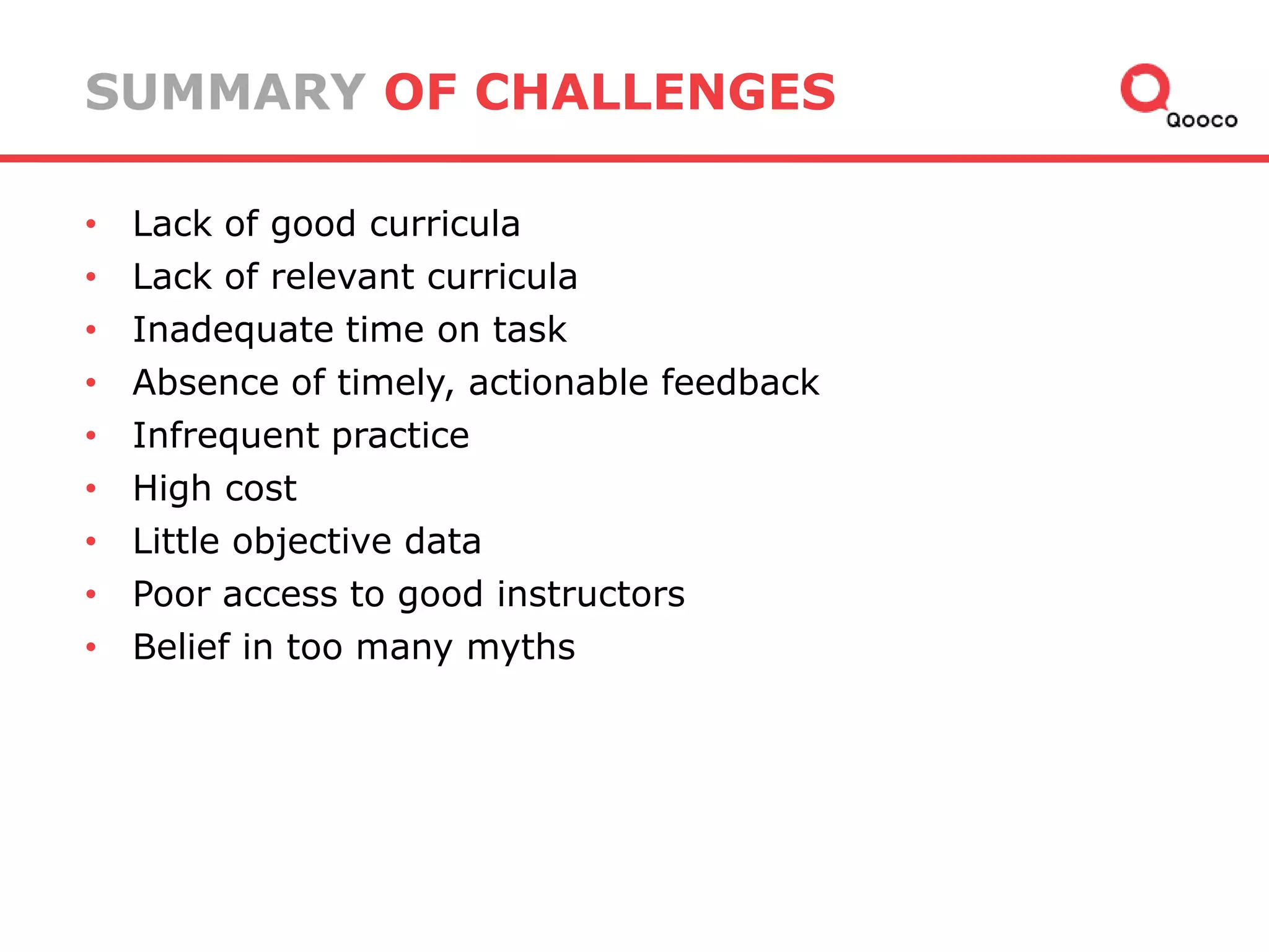 SUMMARY OF CHALLENGES
•
•
•
•
•
•
•
•
•

Lack of good curricula
Lack of relevant curricula
Inadequate time on task
Absence of timely, actionable feedback
Infrequent practice
High cost
Little objective data
Poor access to good instructors
Belief in too many myths

 