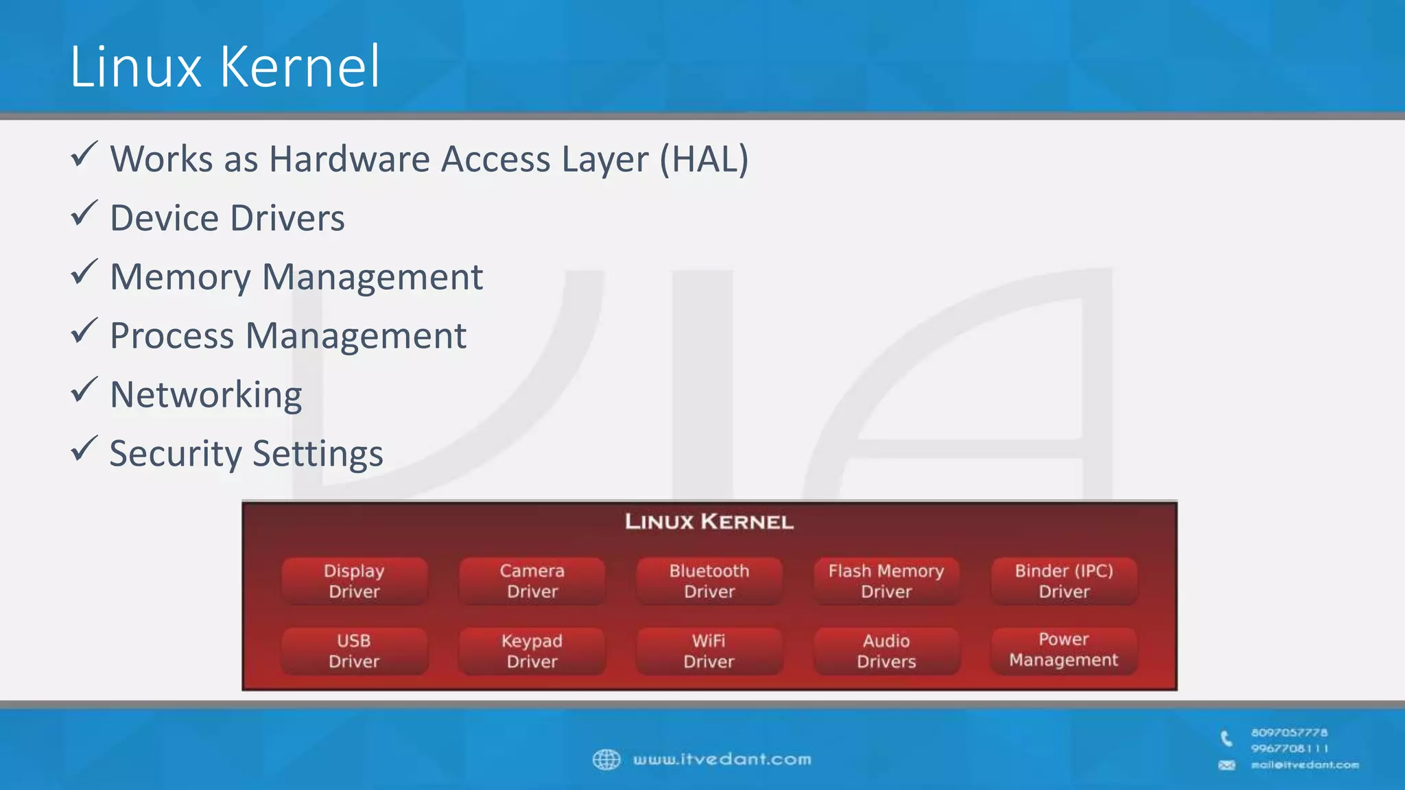 Linux Kernel
 Works as Hardware Access Layer (HAL)
 Device Drivers
 Memory Management
 Process Management
 Networking
 Security Settings
 