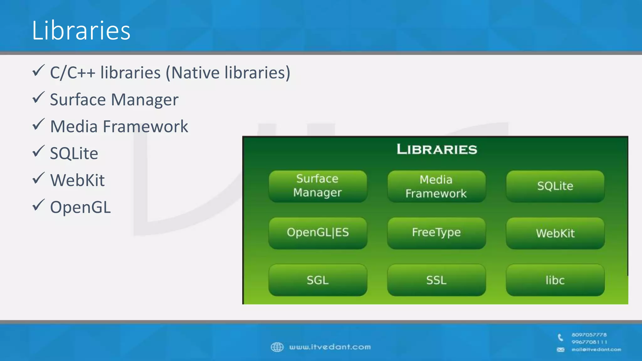 Libraries
 C/C++ libraries (Native libraries)
 Surface Manager
 Media Framework
 SQLite
 WebKit
 OpenGL
 
