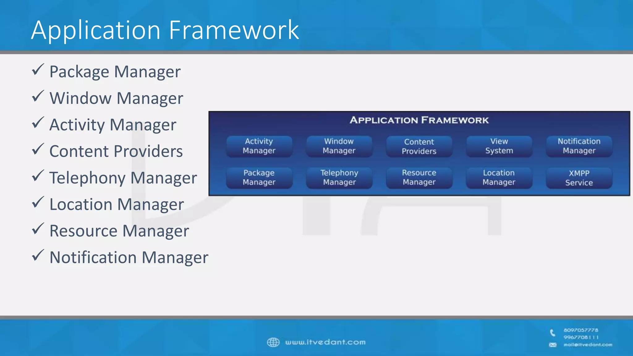 Application Framework
 Package Manager
 Window Manager
 Activity Manager
 Content Providers
 Telephony Manager
 Location Manager
 Resource Manager
 Notification Manager
 