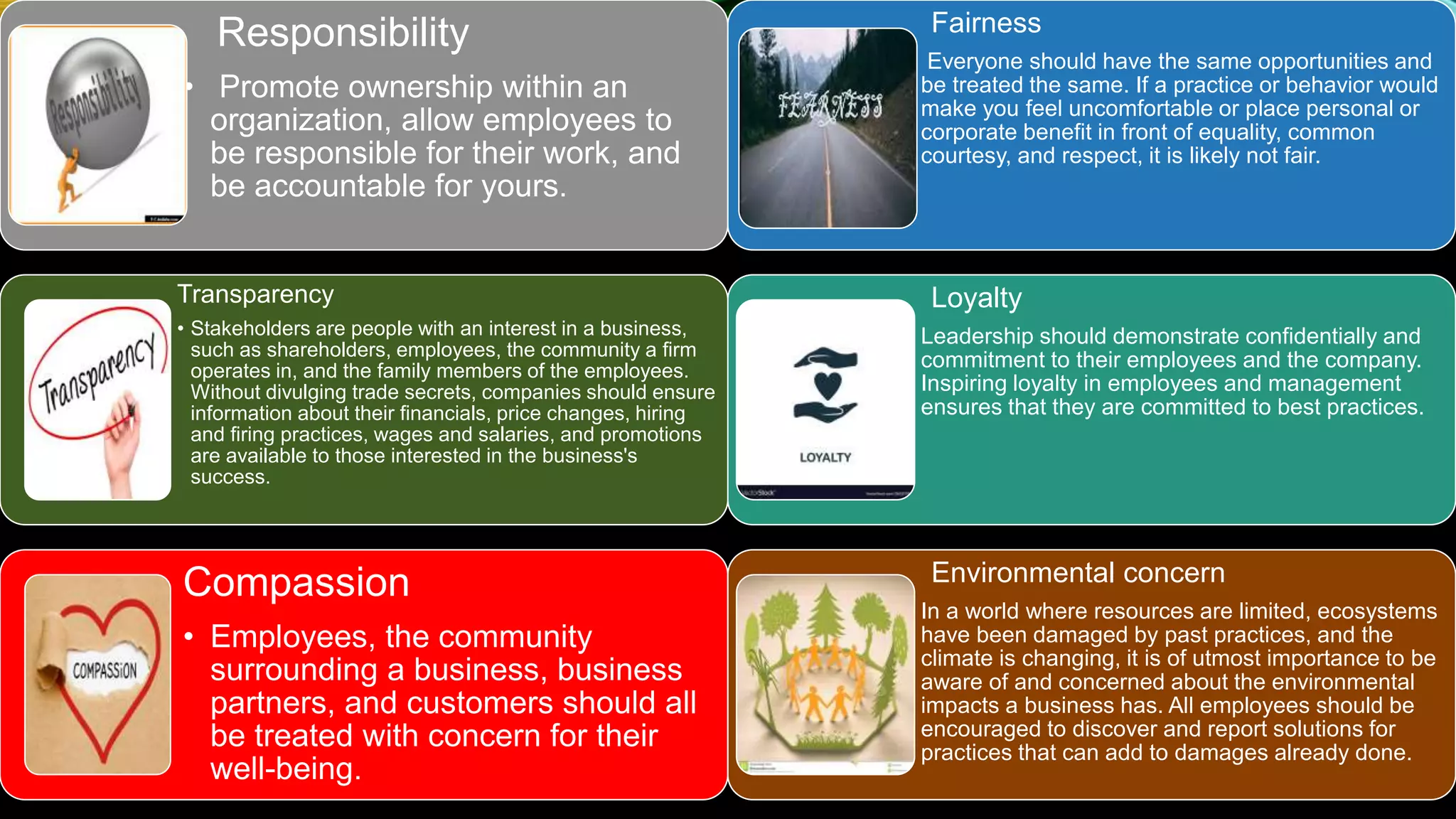 Responsibility
• Promote ownership within an
organization, allow employees to
be responsible for their work, and
be accountable for yours.
Transparency
• Stakeholders are people with an interest in a business,
such as shareholders, employees, the community a firm
operates in, and the family members of the employees.
Without divulging trade secrets, companies should ensure
information about their financials, price changes, hiring
and firing practices, wages and salaries, and promotions
are available to those interested in the business's
success.
Compassion
• Employees, the community
surrounding a business, business
partners, and customers should all
be treated with concern for their
well-being.
Fairness
• Everyone should have the same opportunities and
be treated the same. If a practice or behavior would
make you feel uncomfortable or place personal or
corporate benefit in front of equality, common
courtesy, and respect, it is likely not fair.
Loyalty
• Leadership should demonstrate confidentially and
commitment to their employees and the company.
Inspiring loyalty in employees and management
ensures that they are committed to best practices.
Environmental concern
• In a world where resources are limited, ecosystems
have been damaged by past practices, and the
climate is changing, it is of utmost importance to be
aware of and concerned about the environmental
impacts a business has. All employees should be
encouraged to discover and report solutions for
practices that can add to damages already done.
 