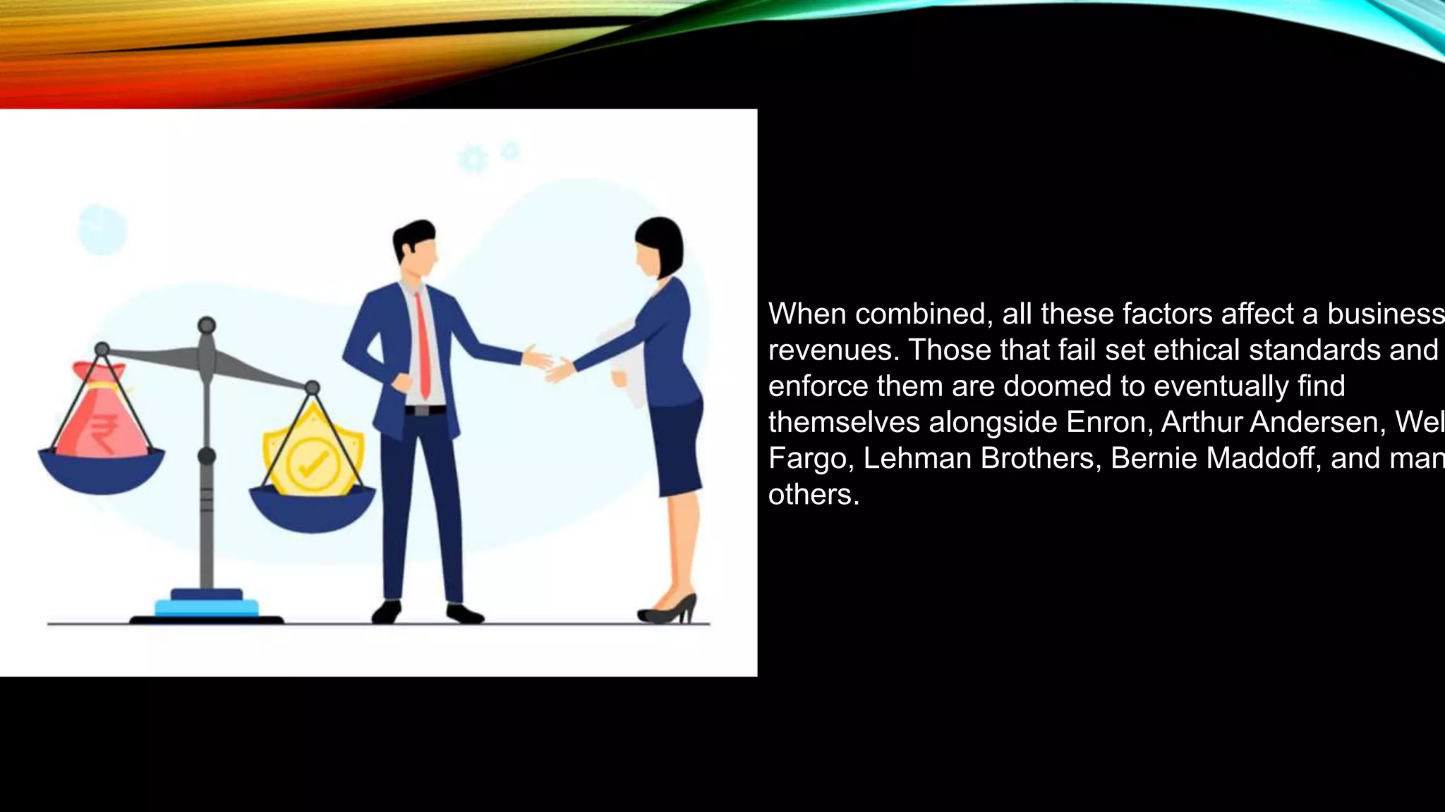When combined, all these factors affect a business
revenues. Those that fail set ethical standards and
enforce them are doomed to eventually find
themselves alongside Enron, Arthur Andersen, Wel
Fargo, Lehman Brothers, Bernie Maddoff, and man
others.
 