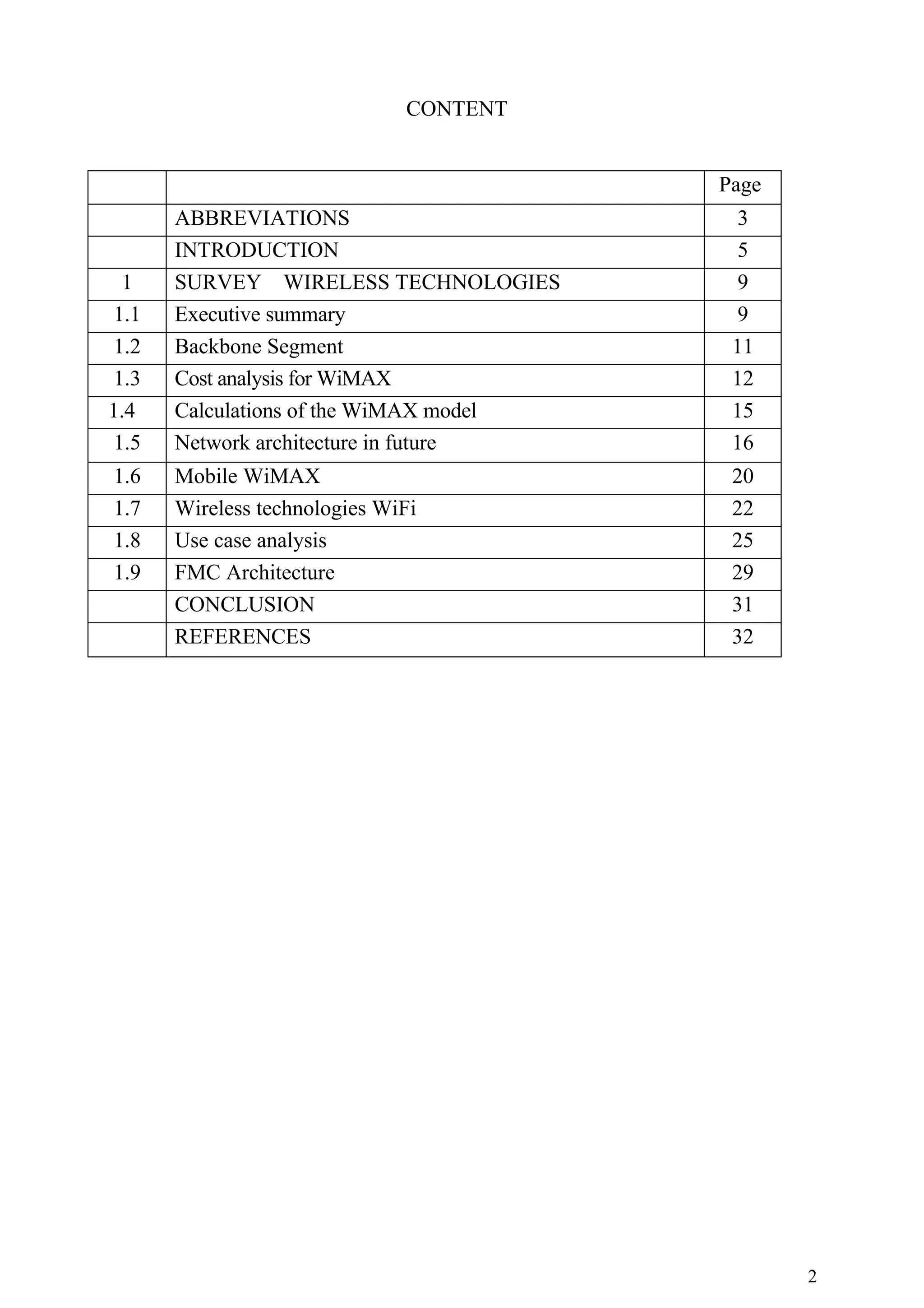 CONTENT


                                        Page
      ABBREVIATIONS                       3
      INTRODUCTION                        5
 1    SURVEY WIRELESS TECHNOLOGIES        9
1.1   Executive summary                   9
1.2   Backbone Segment                   11
1.3   Cost analysis for WiMAX            12
1.4   Calculations of the WiMAX model    15
1.5   Network architecture in future     16
1.6   Mobile WiMAX                       20
1.7   Wireless technologies WiFi         22
1.8   Use case analysis                  25
1.9   FMC Architecture                   29
      CONCLUSION                         31
      REFERENCES                         32




                                               2
 