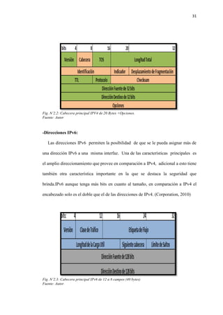 31
Fig. N’2.2: Cabecera principal IPV4 de 20 Bytes +Opciones.
Fuente: Autor
-Direcciones IPv6:
Las direcciones IPv6 permiten la posibilidad de que se le pueda asignar más de
una dirección IPv6 a una misma interfaz. Una de las características principales es
el amplio direccionamiento que provee en comparación a IPv4, adicional a esto tiene
también otra característica importante en la que se destaca la seguridad que
brinda.IPv6 aunque tenga más bits en cuanto al tamaño, en comparación a IPv4 el
encabezado solo es el doble que el de las direcciones de IPv4. (Corporation, 2010)
Fig. N’2.3: Cabecera principal IPv6 de 12 a 8 campos (40 bytes)
Fuente: Autor.
 