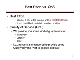 3
Best Effort vs. QoS
• Best Effort:
• You get a link to the Internet with at most B bits/sec.
• If you don’t like it, switch to another provider.
• Quality of Service (QoS)
– We provide you some kind of guarantees for:
• Bandwidth
• Latency
• Jitter
– I.e., network is engineered to provide some
Quality beyond “Not to exceed B bits/s”
 