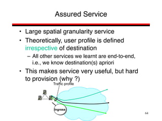 64
Assured Service
• Large spatial granularity service
• Theoretically, user profile is defined
irrespective of destination
– All other services we learnt are end-to-end,
i.e., we know destination(s) apriori
• This makes service very useful, but hard
to provision (why ?)
Ingress
Traffic profile
 