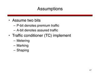 67
Assumptions
• Assume two bits
– P-bit denotes premium traffic
– A-bit denotes assured traffic
• Traffic conditioner (TC) implement
– Metering
– Marking
– Shaping
 