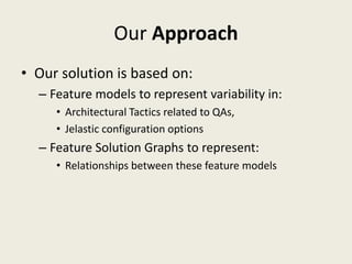 Our Approach
• Our solution is based on:
– Feature models to represent variability in:
• Architectural Tactics related to QAs,
• Jelastic configuration options
– Feature Solution Graphs to represent:
• Relationships between these feature models
 