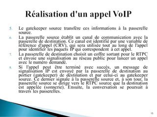 5. Le gatekeeper source transfère ces informations à la passerelle
source.
6. La passerelle source établit un canal de communication avec la
passerelle de destination. Ce canal est identifié par une variable de
référence d'appel (CRV), qui sera utilisée tout au long de l'appel
pour identifier les paquets IP qui correspondent à cet appel.
7. La passerelle de destination choisit un coffre sortant pour le RTPC
et envoie une signalisation au réseau public pour lancer un appel
avec le numéro demandé.
8. Si l'appel peut être terminé avec succès, un message de
signalisation IP est envoyé par la passerelle de destination au
portier (gatekeeper) de destination et par celui-ci au gatekeeper
source. Ce dernier signale à la passerelle source et, à son tour, la
passerelle source se dirige vers le RTPC source que la destination
est appelée (sonnerie). Ensuite, la conversation se poursuit à
travers les passerelles.
15
 