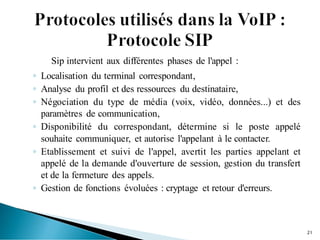 Sip intervient aux différentes phases de l'appel :
◦ Localisation du terminal correspondant,
◦ Analyse du profil et des ressources du destinataire,
◦ Négociation du type de média (voix, vidéo, données...) et des
paramètres de communication,
◦ Disponibilité du correspondant, détermine si le poste appelé
souhaite communiquer, et autorise l'appelant à le contacter.
◦ Etablissement et suivi de l'appel, avertit les parties appelant et
appelé de la demande d'ouverture de session, gestion du transfert
et de la fermeture des appels.
◦ Gestion de fonctions évoluées : cryptage et retour d'erreurs.
21
 