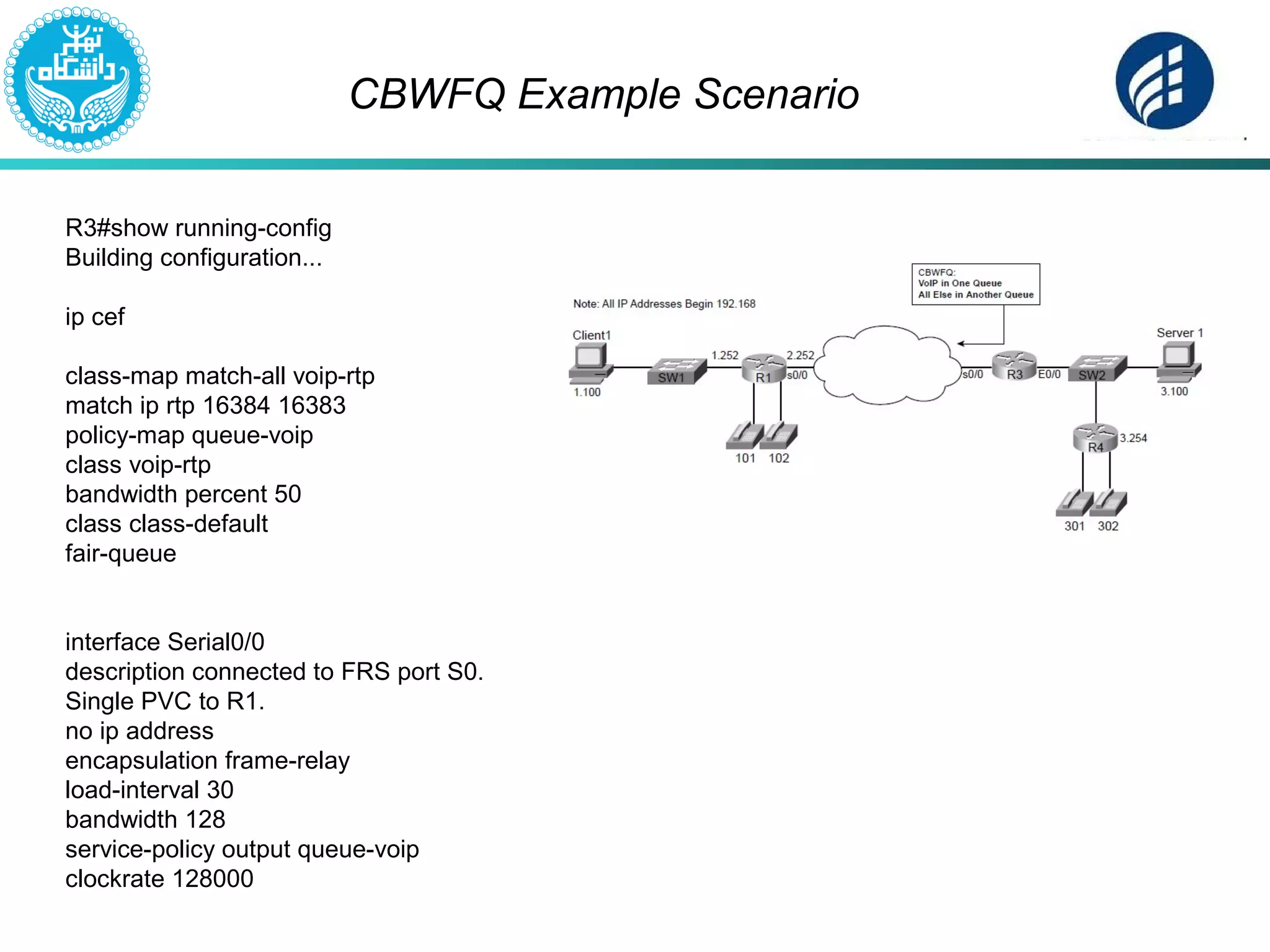 CBWFQ Example Scenario
R3#show running-config
Building configuration...
ip cef
class-map match-all voip-rtp
match ip rtp 16384 16383
policy-map queue-voip
class voip-rtp
bandwidth percent 50
class class-default
fair-queue
interface Serial0/0
description connected to FRS port S0.
Single PVC to R1.
no ip address
encapsulation frame-relay
load-interval 30
bandwidth 128
service-policy output queue-voip
clockrate 128000
 
