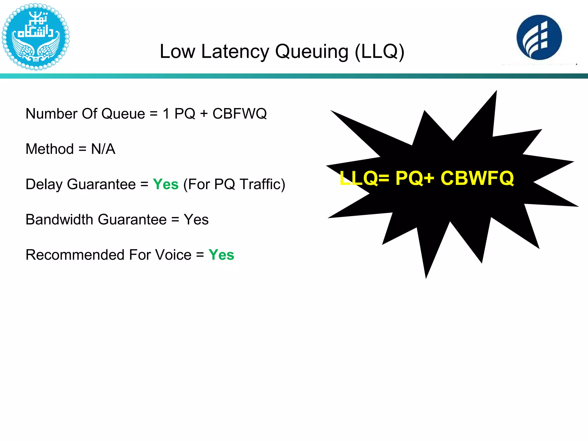 Low Latency Queuing (LLQ)
Number Of Queue = 1 PQ + CBFWQ
Method = N/A
Delay Guarantee = Yes (For PQ Traffic)
Bandwidth Guarantee = Yes
Recommended For Voice = Yes
LLQ= PQ+ CBWFQ
 