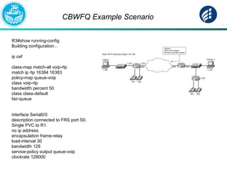CBWFQ Example Scenario
R3#show running-config
Building configuration...
ip cef
class-map match-all voip-rtp
match ip rtp 16384 16383
policy-map queue-voip
class voip-rtp
bandwidth percent 50
class class-default
fair-queue
interface Serial0/0
description connected to FRS port S0.
Single PVC to R1.
no ip address
encapsulation frame-relay
load-interval 30
bandwidth 128
service-policy output queue-voip
clockrate 128000
 