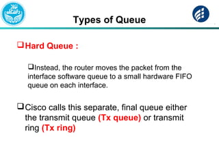 Types of Queue
Hard Queue :
Instead, the router moves the packet from the
interface software queue to a small hardware FIFO
queue on each interface.
Cisco calls this separate, final queue either
the transmit queue (Tx queue) or transmit
ring (Tx ring)
 