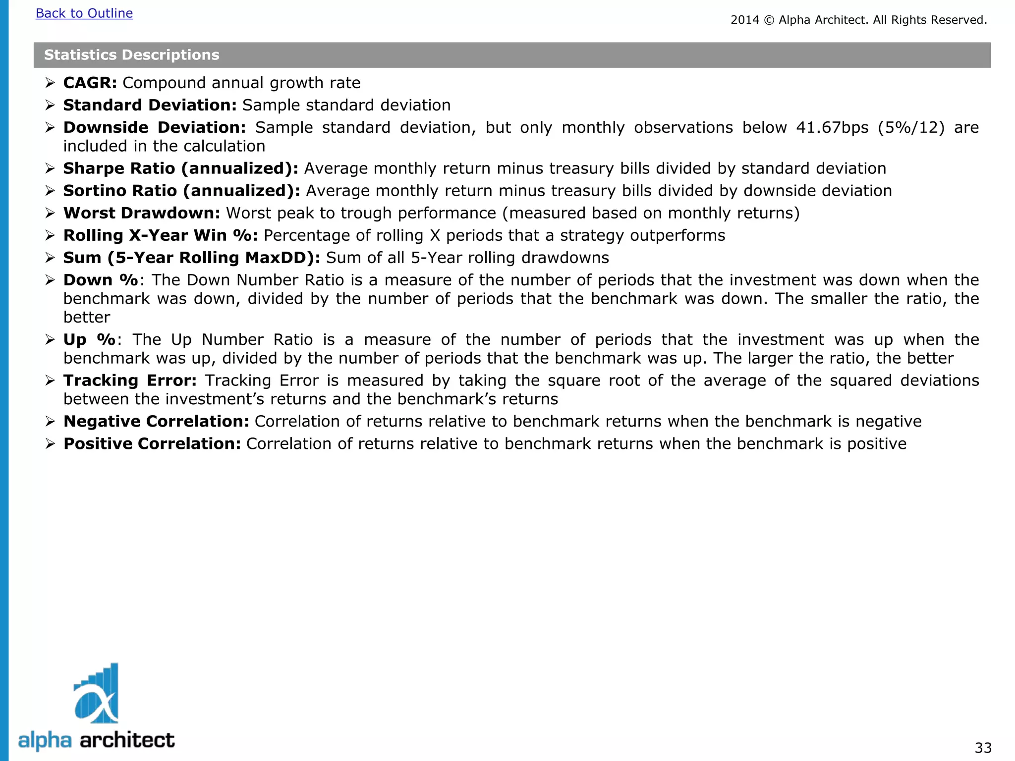 2014 © Alpha Architect. Back to Outline All Rights Reserved. 
33 
Statistics Descriptions 
 
CAGR: Compound annual growth rate 
 
Standard Deviation: Sample standard deviation 
 
Downside Deviation: Sample standard deviation, but only monthly observations below 41.67bps (5%/12) are included in the calculation 
 
Sharpe Ratio (annualized): Average monthly return minus treasury bills divided by standard deviation 
 
Sortino Ratio (annualized): Average monthly return minus treasury bills divided by downside deviation 
 
Worst Drawdown: Worst peak to trough performance (measured based on monthly returns) 
 
Rolling X-Year Win %: Percentage of rolling X periods that a strategy outperforms 
 
Sum (5-Year Rolling MaxDD): Sum of all 5-Year rolling drawdowns 
 
Down %: The Down Number Ratio is a measure of the number of periods that the investment was down when the benchmark was down, divided by the number of periods that the benchmark was down. The smaller the ratio, the better 
 
Up %: The Up Number Ratio is a measure of the number of periods that the investment was up when the benchmark was up, divided by the number of periods that the benchmark was up. The larger the ratio, the better 
 
Tracking Error: Tracking Error is measured by taking the square root of the average of the squared deviations between the investment’s returns and the benchmark’s returns 
 
Negative Correlation: Correlation of returns relative to benchmark returns when the benchmark is negative 
 
Positive Correlation: Correlation of returns relative to benchmark returns when the benchmark is positive  