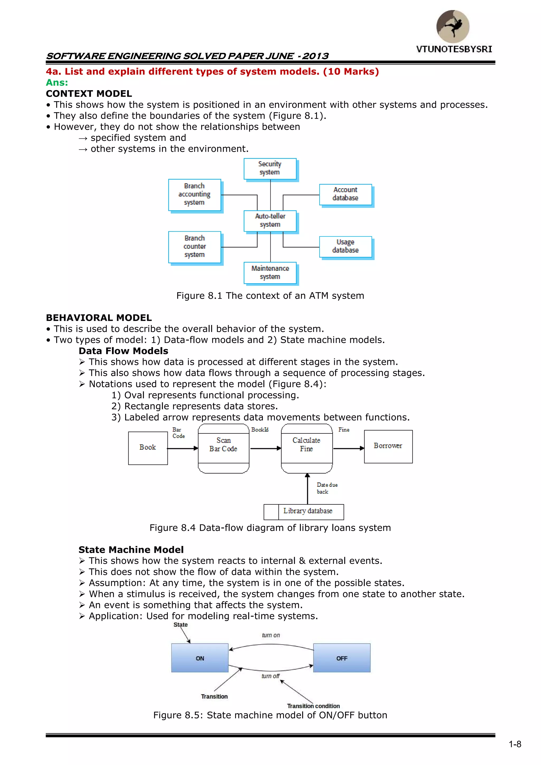 SOFTWARE ENGINEERING SOLVED PAPER JUNE - 2013
1-8
4a. List and explain different types of system models. (10 Marks)
Ans:
CONTEXT MODEL
• This shows how the system is positioned in an environment with other systems and processes.
• They also define the boundaries of the system (Figure 8.1).
• However, they do not show the relationships between
→ specified system and
→ other systems in the environment.
Figure 8.1 The context of an ATM system
BEHAVIORAL MODEL
• This is used to describe the overall behavior of the system.
• Two types of model: 1) Data-flow models and 2) State machine models.
Data Flow Models
 This shows how data is processed at different stages in the system.
 This also shows how data flows through a sequence of processing stages.
 Notations used to represent the model (Figure 8.4):
1) Oval represents functional processing.
2) Rectangle represents data stores.
3) Labeled arrow represents data movements between functions.
Figure 8.4 Data-flow diagram of library loans system
State Machine Model
 This shows how the system reacts to internal & external events.
 This does not show the flow of data within the system.
 Assumption: At any time, the system is in one of the possible states.
 When a stimulus is received, the system changes from one state to another state.
 An event is something that affects the system.
 Application: Used for modeling real-time systems.
Figure 8.5: State machine model of ON/OFF button
 