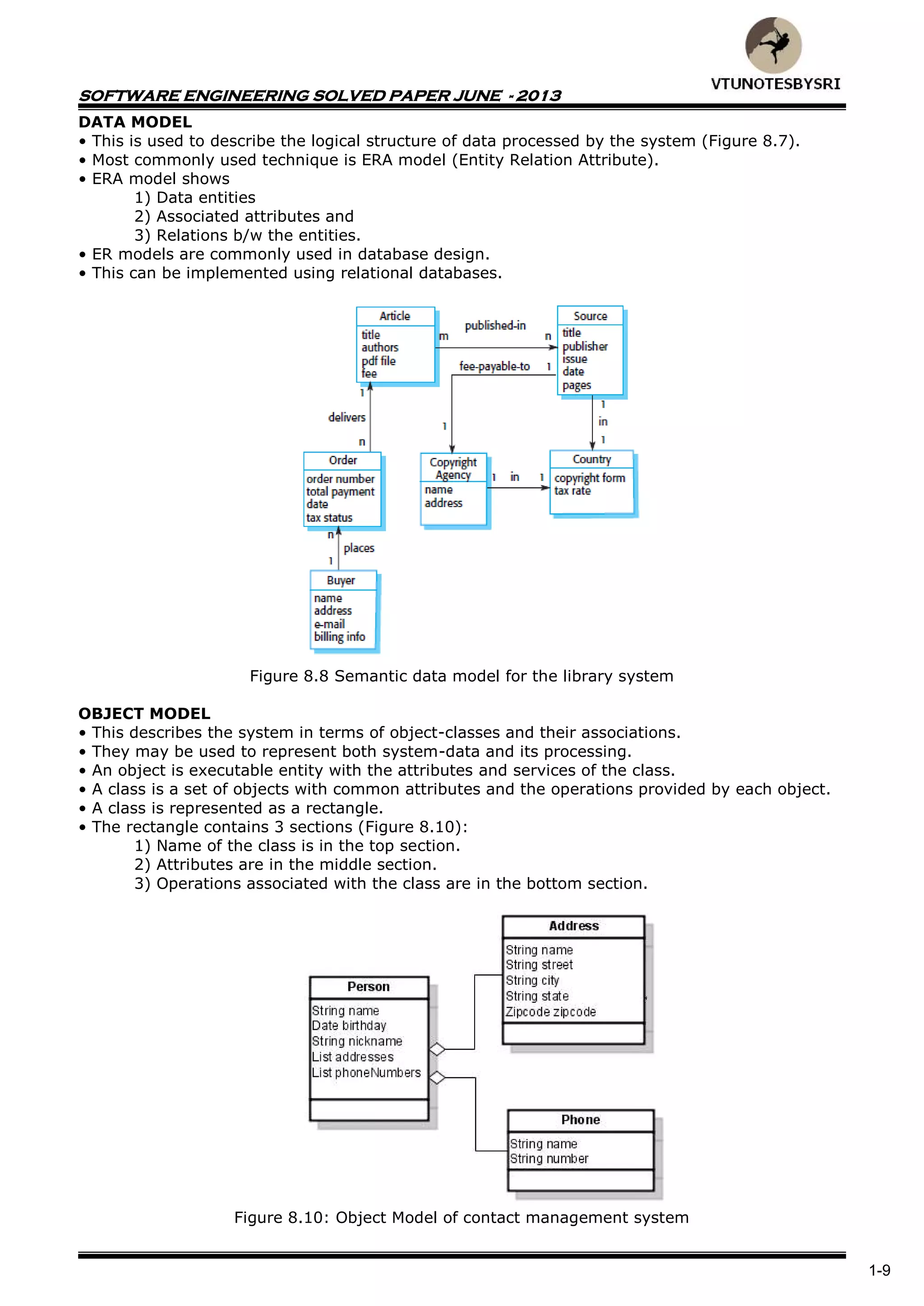 SOFTWARE ENGINEERING SOLVED PAPER JUNE - 2013
1-9
DATA MODEL
• This is used to describe the logical structure of data processed by the system (Figure 8.7).
• Most commonly used technique is ERA model (Entity Relation Attribute).
• ERA model shows
1) Data entities
2) Associated attributes and
3) Relations b/w the entities.
• ER models are commonly used in database design.
• This can be implemented using relational databases.
Figure 8.8 Semantic data model for the library system
OBJECT MODEL
• This describes the system in terms of object-classes and their associations.
• They may be used to represent both system-data and its processing.
• An object is executable entity with the attributes and services of the class.
• A class is a set of objects with common attributes and the operations provided by each object.
• A class is represented as a rectangle.
• The rectangle contains 3 sections (Figure 8.10):
1) Name of the class is in the top section.
2) Attributes are in the middle section.
3) Operations associated with the class are in the bottom section.
Figure 8.10: Object Model of contact management system
 