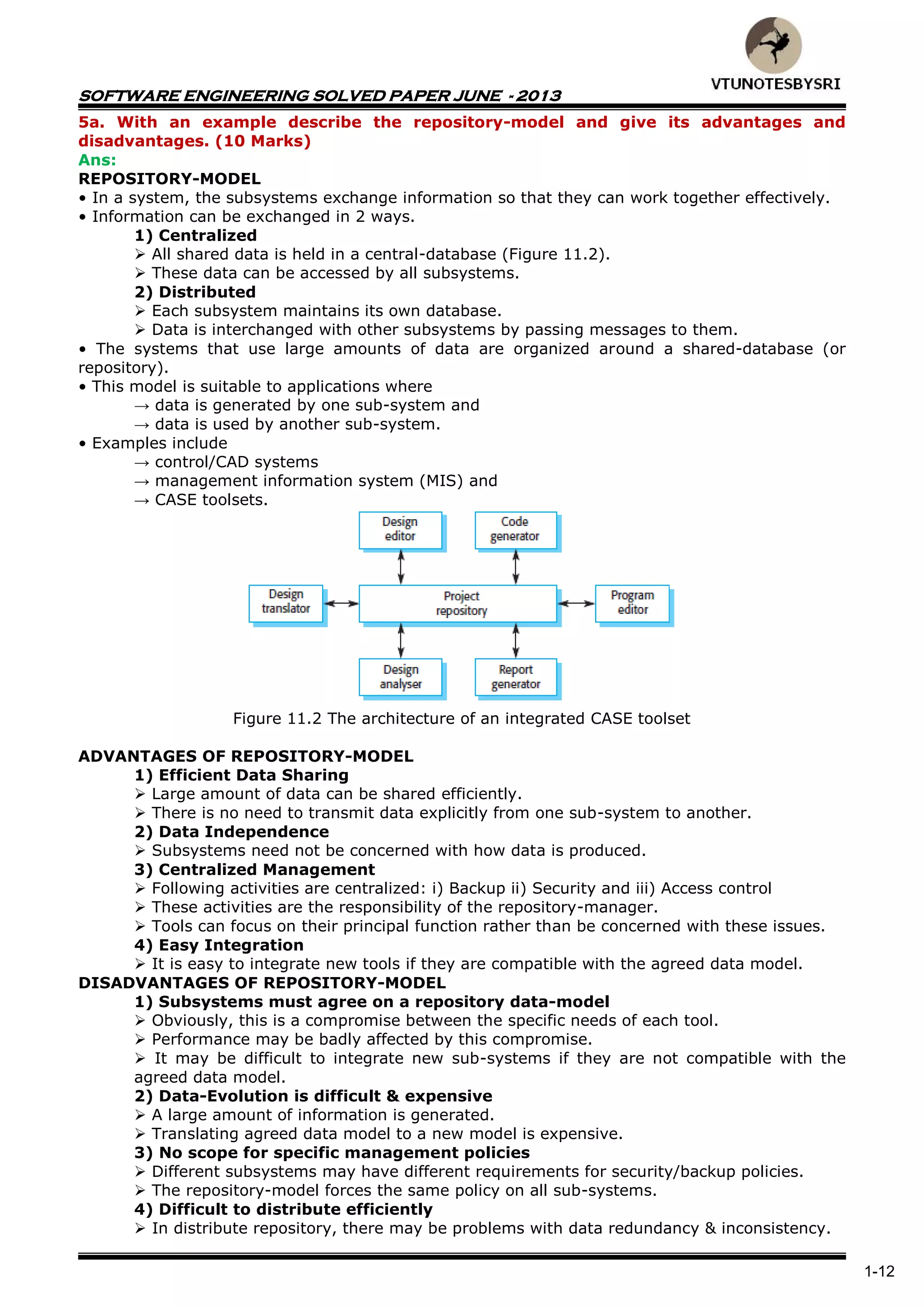 SOFTWARE ENGINEERING SOLVED PAPER JUNE - 2013
1-12
5a. With an example describe the repository-model and give its advantages and
disadvantages. (10 Marks)
Ans:
REPOSITORY-MODEL
• In a system, the subsystems exchange information so that they can work together effectively.
• Information can be exchanged in 2 ways.
1) Centralized
 All shared data is held in a central-database (Figure 11.2).
 These data can be accessed by all subsystems.
2) Distributed
 Each subsystem maintains its own database.
 Data is interchanged with other subsystems by passing messages to them.
• The systems that use large amounts of data are organized around a shared-database (or
repository).
• This model is suitable to applications where
→ data is generated by one sub-system and
→ data is used by another sub-system.
• Examples include
→ control/CAD systems
→ management information system (MIS) and
→ CASE toolsets.
Figure 11.2 The architecture of an integrated CASE toolset
ADVANTAGES OF REPOSITORY-MODEL
1) Efficient Data Sharing
 Large amount of data can be shared efficiently.
 There is no need to transmit data explicitly from one sub-system to another.
2) Data Independence
 Subsystems need not be concerned with how data is produced.
3) Centralized Management
 Following activities are centralized: i) Backup ii) Security and iii) Access control
 These activities are the responsibility of the repository-manager.
 Tools can focus on their principal function rather than be concerned with these issues.
4) Easy Integration
 It is easy to integrate new tools if they are compatible with the agreed data model.
DISADVANTAGES OF REPOSITORY-MODEL
1) Subsystems must agree on a repository data-model
 Obviously, this is a compromise between the specific needs of each tool.
 Performance may be badly affected by this compromise.
 It may be difficult to integrate new sub-systems if they are not compatible with the
agreed data model.
2) Data-Evolution is difficult & expensive
 A large amount of information is generated.
 Translating agreed data model to a new model is expensive.
3) No scope for specific management policies
 Different subsystems may have different requirements for security/backup policies.
 The repository-model forces the same policy on all sub-systems.
4) Difficult to distribute efficiently
 In distribute repository, there may be problems with data redundancy & inconsistency.
 