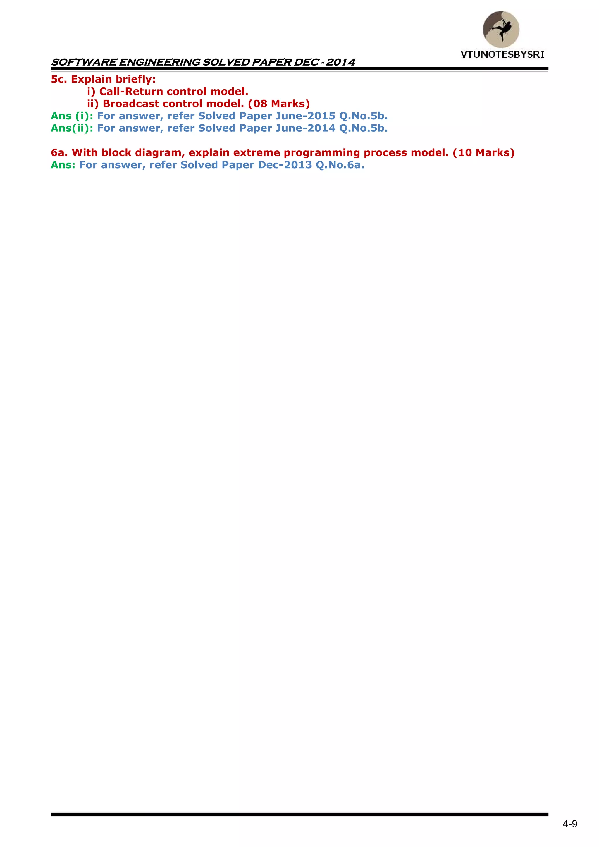 SOFTWARE ENGINEERING SOLVED PAPER DEC - 2014
4-9
5c. Explain briefly:
i) Call-Return control model.
ii) Broadcast control model. (08 Marks)
Ans (i): For answer, refer Solved Paper June-2015 Q.No.5b.
Ans(ii): For answer, refer Solved Paper June-2014 Q.No.5b.
6a. With block diagram, explain extreme programming process model. (10 Marks)
Ans: For answer, refer Solved Paper Dec-2013 Q.No.6a.
 