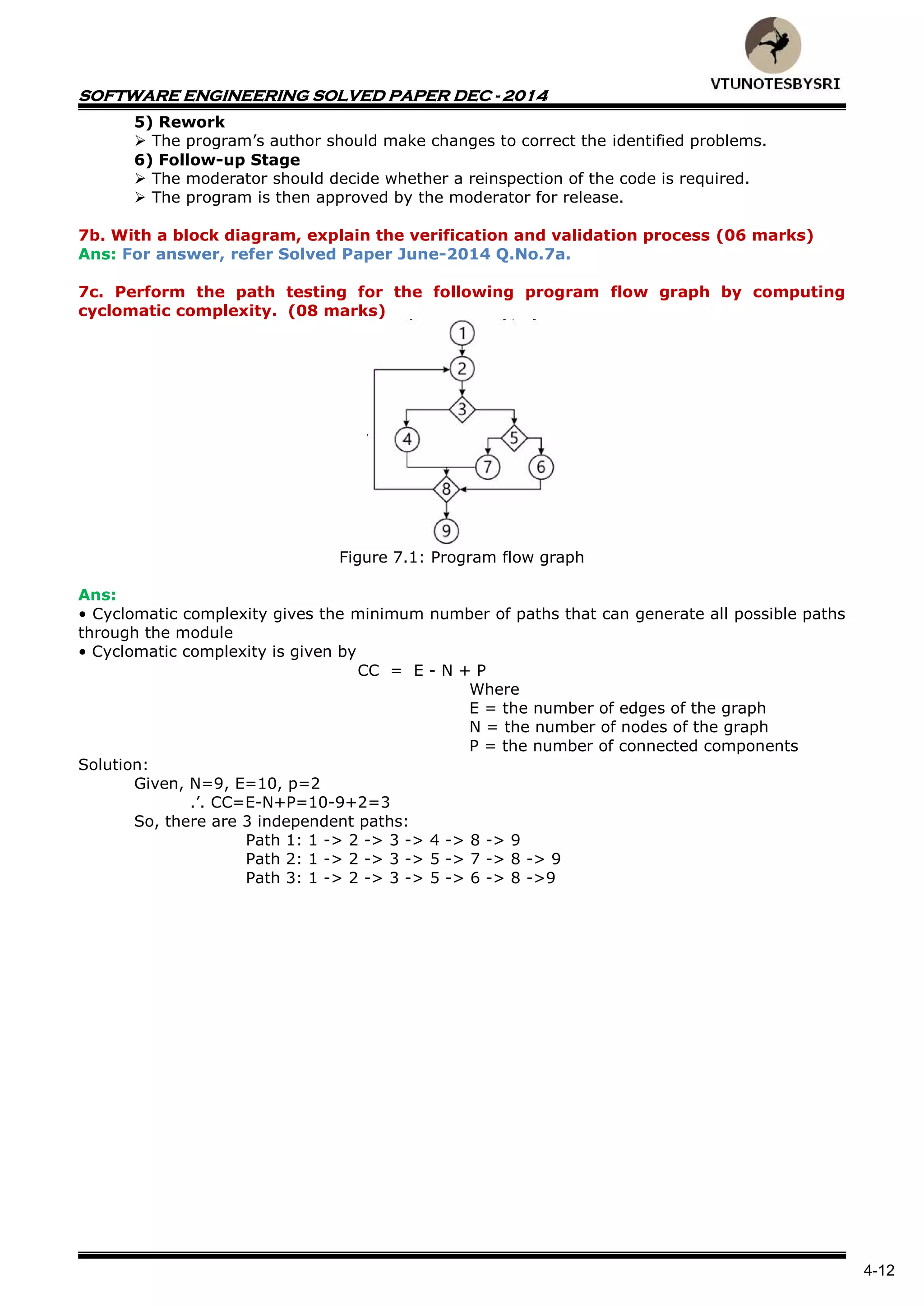 SOFTWARE ENGINEERING SOLVED PAPER DEC - 2014
4-12
5) Rework
 The program’s author should make changes to correct the identified problems.
6) Follow-up Stage
 The moderator should decide whether a reinspection of the code is required.
 The program is then approved by the moderator for release.
7b. With a block diagram, explain the verification and validation process (06 marks)
Ans: For answer, refer Solved Paper June-2014 Q.No.7a.
7c. Perform the path testing for the following program flow graph by computing
cyclomatic complexity. (08 marks)
Figure 7.1: Program flow graph
Ans:
• Cyclomatic complexity gives the minimum number of paths that can generate all possible paths
through the module
• Cyclomatic complexity is given by
CC = E - N + P
Where
E = the number of edges of the graph
N = the number of nodes of the graph
P = the number of connected components
Solution:
Given, N=9, E=10, p=2
.’. CC=E-N+P=10-9+2=3
So, there are 3 independent paths:
Path 1: 1 -> 2 -> 3 -> 4 -> 8 -> 9
Path 2: 1 -> 2 -> 3 -> 5 -> 7 -> 8 -> 9
Path 3: 1 -> 2 -> 3 -> 5 -> 6 -> 8 ->9
 