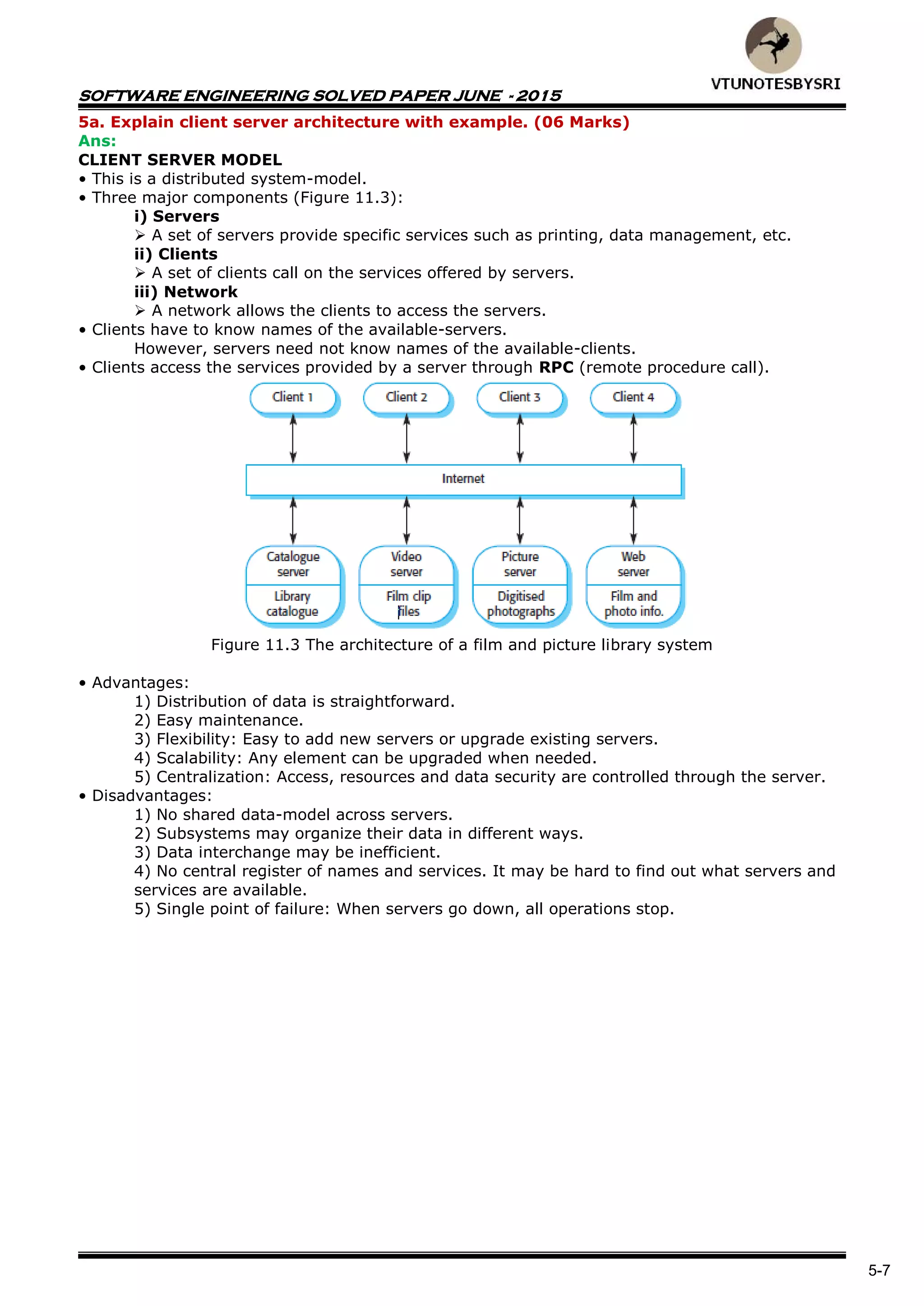 SOFTWARE ENGINEERING SOLVED PAPER JUNE - 2015
5-7
5a. Explain client server architecture with example. (06 Marks)
Ans:
CLIENT SERVER MODEL
• This is a distributed system-model.
• Three major components (Figure 11.3):
i) Servers
 A set of servers provide specific services such as printing, data management, etc.
ii) Clients
 A set of clients call on the services offered by servers.
iii) Network
 A network allows the clients to access the servers.
• Clients have to know names of the available-servers.
However, servers need not know names of the available-clients.
• Clients access the services provided by a server through RPC (remote procedure call).
Figure 11.3 The architecture of a film and picture library system
• Advantages:
1) Distribution of data is straightforward.
2) Easy maintenance.
3) Flexibility: Easy to add new servers or upgrade existing servers.
4) Scalability: Any element can be upgraded when needed.
5) Centralization: Access, resources and data security are controlled through the server.
• Disadvantages:
1) No shared data-model across servers.
2) Subsystems may organize their data in different ways.
3) Data interchange may be inefficient.
4) No central register of names and services. It may be hard to find out what servers and
services are available.
5) Single point of failure: When servers go down, all operations stop.
 