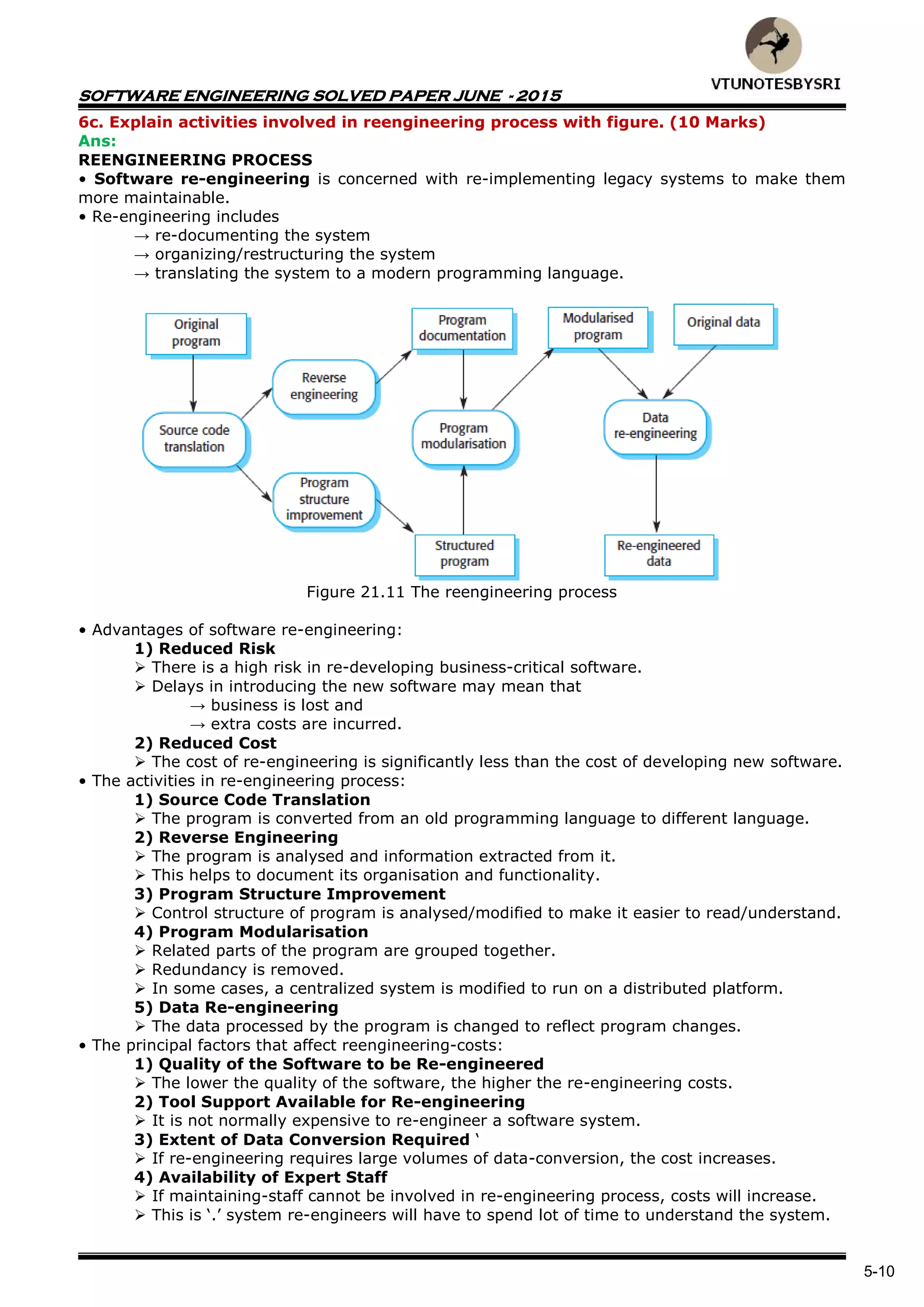 SOFTWARE ENGINEERING SOLVED PAPER JUNE - 2015
5-10
6c. Explain activities involved in reengineering process with figure. (10 Marks)
Ans:
REENGINEERING PROCESS
• Software re-engineering is concerned with re-implementing legacy systems to make them
more maintainable.
• Re-engineering includes
→ re-documenting the system
→ organizing/restructuring the system
→ translating the system to a modern programming language.
Figure 21.11 The reengineering process
• Advantages of software re-engineering:
1) Reduced Risk
 There is a high risk in re-developing business-critical software.
 Delays in introducing the new software may mean that
→ business is lost and
→ extra costs are incurred.
2) Reduced Cost
 The cost of re-engineering is significantly less than the cost of developing new software.
• The activities in re-engineering process:
1) Source Code Translation
 The program is converted from an old programming language to different language.
2) Reverse Engineering
 The program is analysed and information extracted from it.
 This helps to document its organisation and functionality.
3) Program Structure Improvement
 Control structure of program is analysed/modified to make it easier to read/understand.
4) Program Modularisation
 Related parts of the program are grouped together.
 Redundancy is removed.
 In some cases, a centralized system is modified to run on a distributed platform.
5) Data Re-engineering
 The data processed by the program is changed to reflect program changes.
• The principal factors that affect reengineering-costs:
1) Quality of the Software to be Re-engineered
 The lower the quality of the software, the higher the re-engineering costs.
2) Tool Support Available for Re-engineering
 It is not normally expensive to re-engineer a software system.
3) Extent of Data Conversion Required ‘
 If re-engineering requires large volumes of data-conversion, the cost increases.
4) Availability of Expert Staff
 If maintaining-staff cannot be involved in re-engineering process, costs will increase.
 This is ‘.’ system re-engineers will have to spend lot of time to understand the system.
 