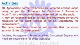 Activities
2D. Appropriate corrective actions are initiated without undue
delay, as per the “Procedure for Corrective & Preventive
Action”, for the non-conformance observed during the audit.
It may be recommended to initiate and implement corrective
measures for the audit findings as “OI i.e. Opportunity for
Improvement”.
The department head monitors and ensures that the above
activity (S. No. 2D) takes place.
Auditee, Management Representative, Concerned Department
Head are responsible for these activities
 