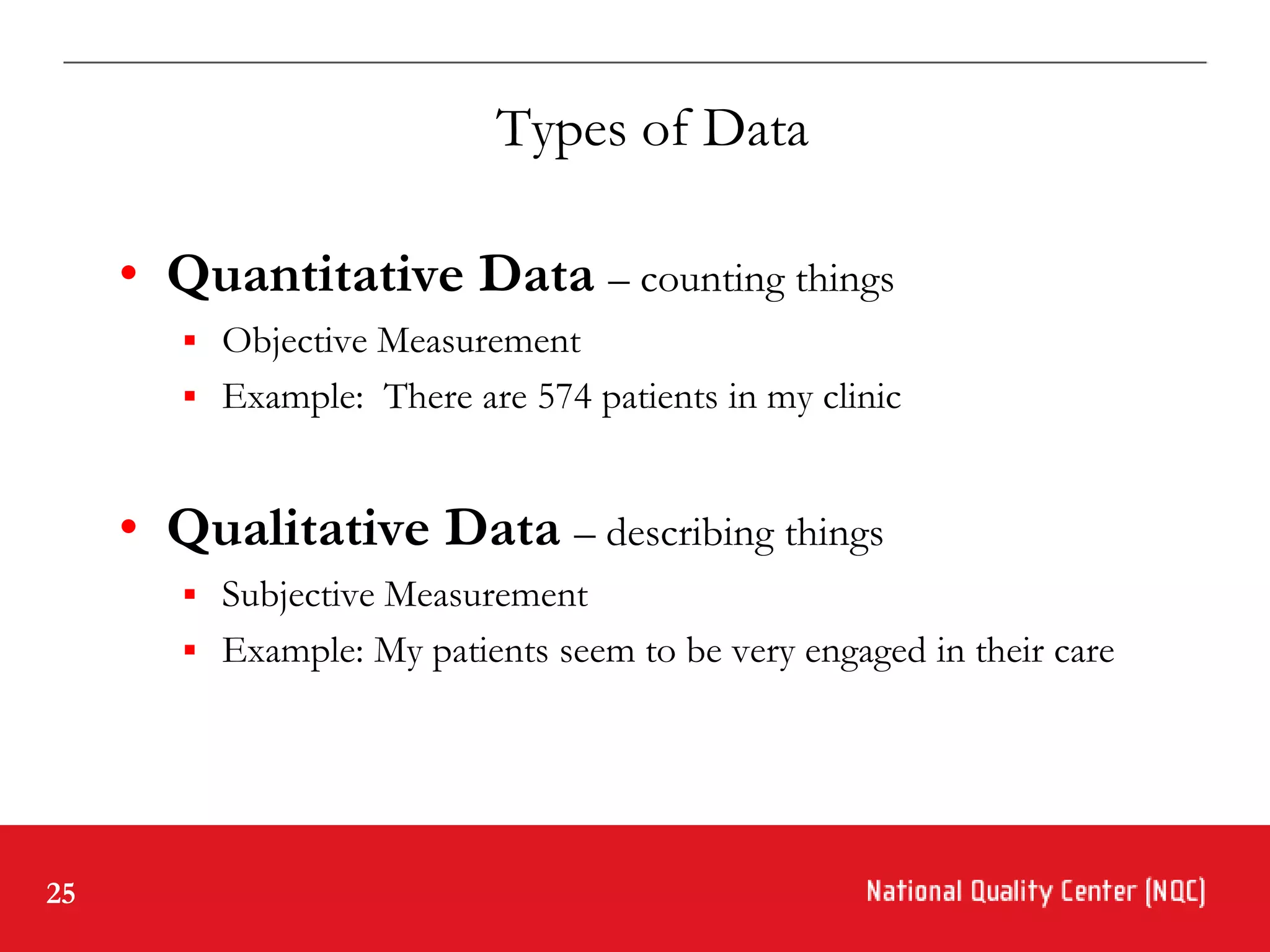 Types of Data

     • Quantitative Data – counting things
         Objective Measurement
         Example: There are 574 patients in my clinic



     • Qualitative Data – describing things
         Subjective Measurement
         Example: My patients seem to be very engaged in their care




25
 