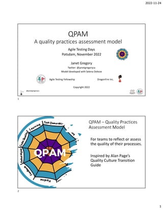 2022-11-24
1
@janetgregoryca
QPAM
A quality practices assessment model
Agile Testing Days
Potsdam, November 2022
Janet Gregory
Twitter: @janetgregoryca
Model developed with Selena Delesie
Agile Testing Fellowship DragonFire Inc.
Copyright 2022
@janetgregoryca
For teams to reflect or assess
the quality of their processes.
Inspired by Alan Page’s
Quality Culture Transition
Guide
QPAM – Quality Practices
Assessment Model
1
2
 