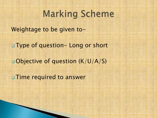 Weightage to be given to-

 Type   of question- Long or short

 Objective   of question (K/U/A/S)

 Time   required to answer
 