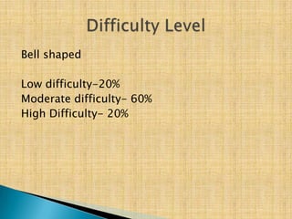 Bell shaped

Low difficulty-20%
Moderate difficulty- 60%
High Difficulty- 20%
 