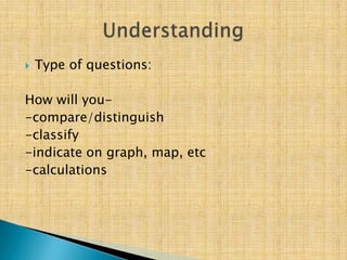    Type of questions:

How will you-
-compare/distinguish
-classify
-indicate on graph, map, etc
-calculations
 