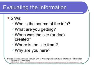 Evaluating the Information 5 Ws: Who is the source of the info? What are you getting? When was the site (or doc) created? Where is the site from?  Why are you here?  Source: Media Awareness Network (2004).  Knowing what’s what and what’s not . Retrieved on November 5, 2006 from  http://www.media-awareness.ca/english/resources/educational/handouts/internet/5ws_cyberspace.cfm 