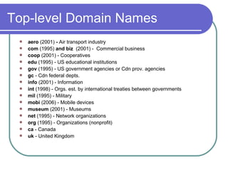 Top-level Domain Names aero  (2001)  -  Air transport industry com  (1995)  and biz   (2001) -  Commercial business coop  (2001) - Cooperatives edu  (1995) - US educational institutions gov  (1995) - US government agencies or Cdn prov. agencies gc  - Cdn federal depts. info  (2001) - Information int  (1998) - Orgs. est. by international treaties between governments mil  (1995) - Military  mobi  (2006) - Mobile devices museum  (2001) - Museums net  (1995) - Network organizations  org  (1995) - Organizations (nonprofit) ca  - Canada  uk  - United Kingdom 