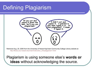Defining Plagiarism Retrieved Aug. 20, 2006 from the University of Hawaii Kapi'olani Community College Library website at:  http://library.kcc.hawaii.edu/main/instruction_info/plagiarism1.html Plagiarism is using someone else’s  words or ideas  without acknowledging the source. 