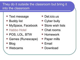 They do it outside the classroom but bring it into the classroom Text message Buddy list MySpace, Facebook Habbo  Hotel POS, LOL, BTW Games (Runescape) Blog Webcams Del.icio.us Cyber bully Store wish lists Chat rooms Homework Paper mills Email Download 
