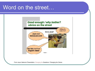 Word on the street… From Joyce Valenza’s Presentation,  Changing the   Questions / Changing the Culture   