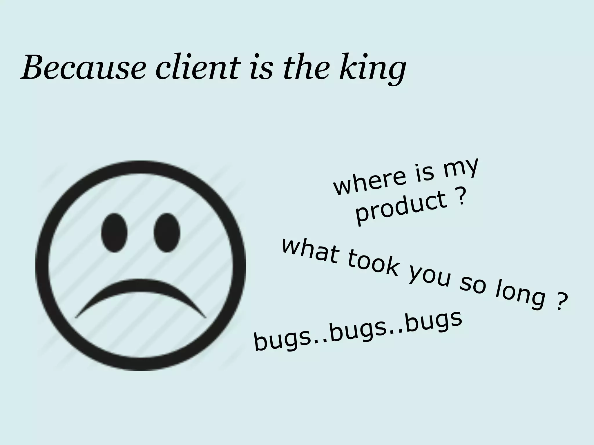 where is my
product ?
what took you so long ?
bugs..bugs..bugs
Because client is the king
 