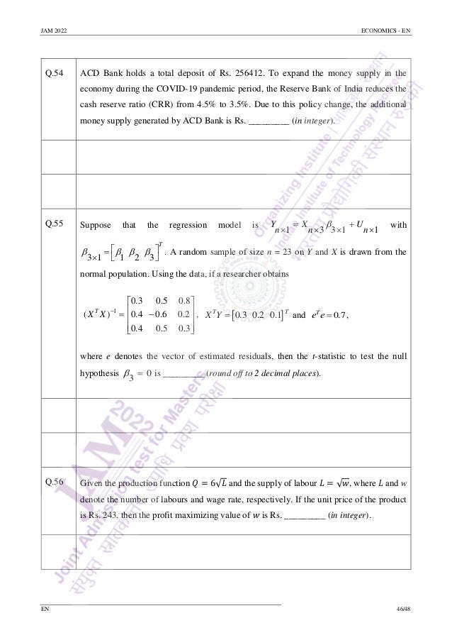 Random Economics Class Question IIT JAM EN - Economics 2022 Question Paper | Sourav Sir's Classes | PDF