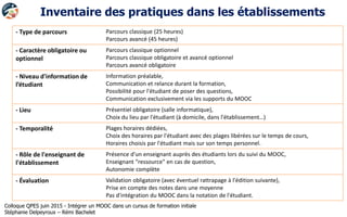 - Type de parcours Parcours classique (25 heures)
Parcours avancé (45 heures)
- Caractère obligatoire ou
optionnel
Parcours classique optionnel
Parcours classique obligatoire et avancé optionnel
Parcours avancé obligatoire
- Niveau d'information de
l’étudiant
Information préalable,
Communication et relance durant la formation,
Possibilité pour l'étudiant de poser des questions,
Communication exclusivement via les supports du MOOC
- Lieu Présentiel obligatoire (salle informatique),
Choix du lieu par l'étudiant (à domicile, dans l'établissement…)
- Temporalité Plages horaires dédiées,
Choix des horaires par l'étudiant avec des plages libérées sur le temps de cours,
Horaires choisis par l'étudiant mais sur son temps personnel.
- Rôle de l'enseignant de
l'établissement
Présence d'un enseignant auprès des étudiants lors du suivi du MOOC,
Enseignant "ressource" en cas de question,
Autonomie complète
- Évaluation Validation obligatoire (avec éventuel rattrapage à l'édition suivante),
Prise en compte des notes dans une moyenne
Pas d'intégration du MOOC dans la notation de l'étudiant.
Inventaire des pratiques dans les établissements
Colloque QPES juin 2015 - Intégrer un MOOC dans un cursus de formation initiale
Stéphanie Delpeyroux – Rémi Bachelet
 