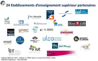 24 Etablissements d’enseignement supérieur partenaires
Colloque QPES juin 2015 - Intégrer un MOOC dans un cursus de formation initiale
Stéphanie Delpeyroux – Rémi Bachelet
 