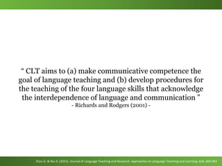 Zhou G. & Niu X. (2015). Journal of Language Teaching and Research. Approaches to Language Teaching and Learning, 6(4), 800-801
“ CLT aims to (a) make communicative competence the
goal of language teaching and (b) develop procedures for
the teaching of the four language skills that acknowledge
the interdependence of language and communication ”
- Richards and Rodgers (2001) -
 