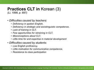 Practices CLT in Korean (3)
(Li, 1998, p. 687)
• Difficulties caused by teachers:
• Deficiency in spoken English,
• Deficiency in strategic and sociolinguistic competence,
• Lack of training in CLT,
• Few opportunities for retraining in CLT,
• Misconceptions about CLT,
• Little time for and expertise in material development
• Difficulties caused by students:
• Low English proficiency,
• Little motivation for communicative competence,
• Resistance to class participation
Ansarey D. (2012). ASA University Review. Communicative Language Teaching in EFL Contexts: Teachers Attitude and Perception in Bangladesh, 6(1). 62-69
 