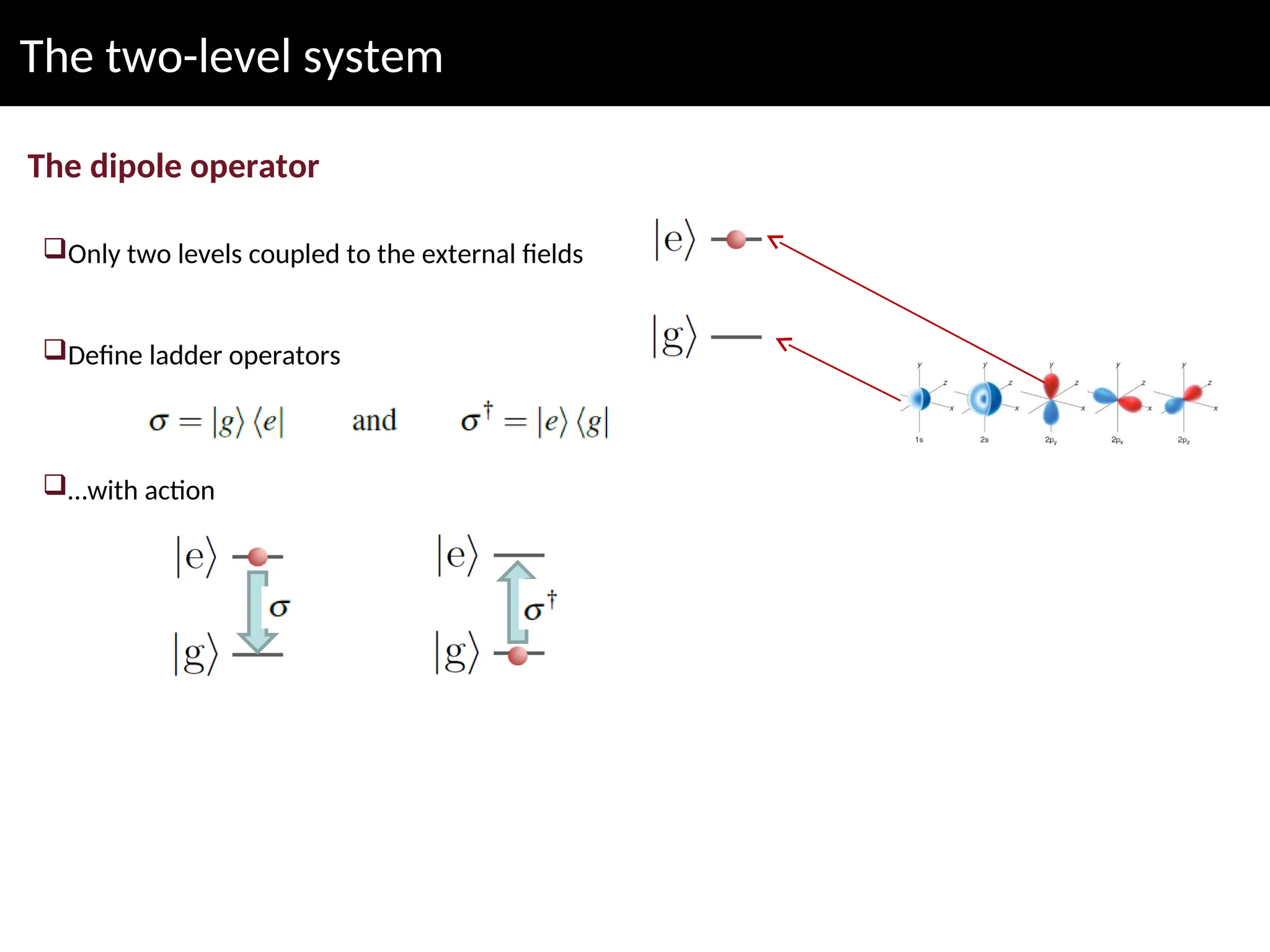 The two-level system
The dipole operator
Only two levels coupled to the external fields
Define ladder operators
…with action
 