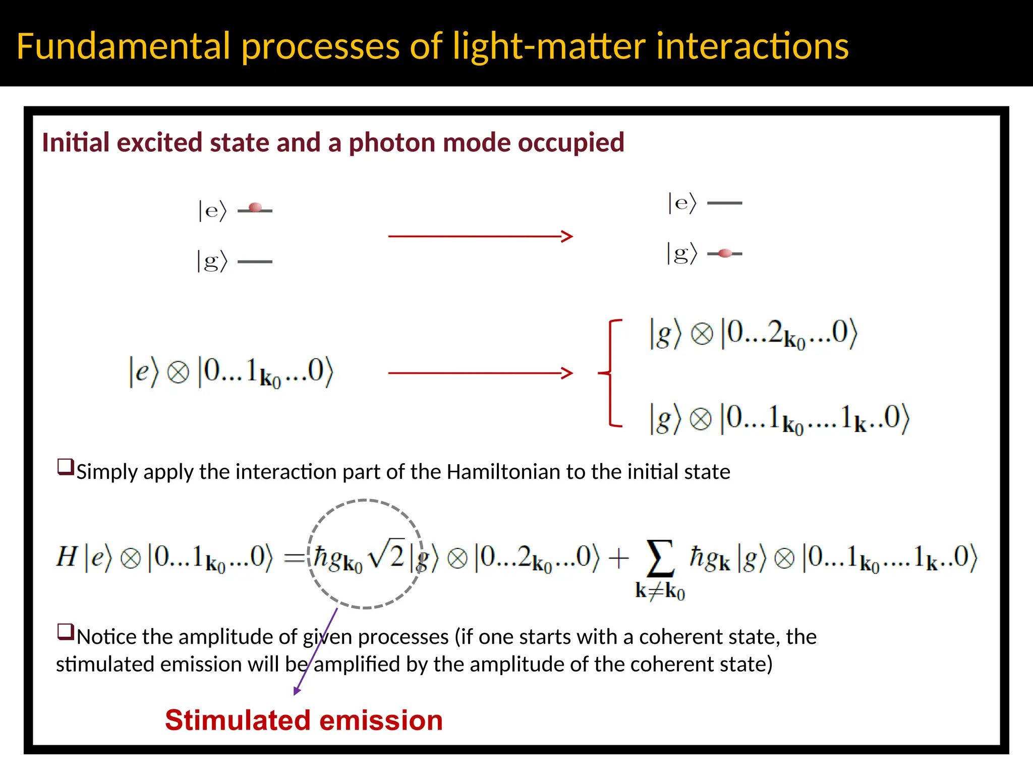 Fundamental processes of light-matter interactions
Initial excited state and a photon mode occupied
Simply apply the interaction part of the Hamiltonian to the initial state
Notice the amplitude of given processes (if one starts with a coherent state, the
stimulated emission will be amplified by the amplitude of the coherent state)
Stimulated emission
 