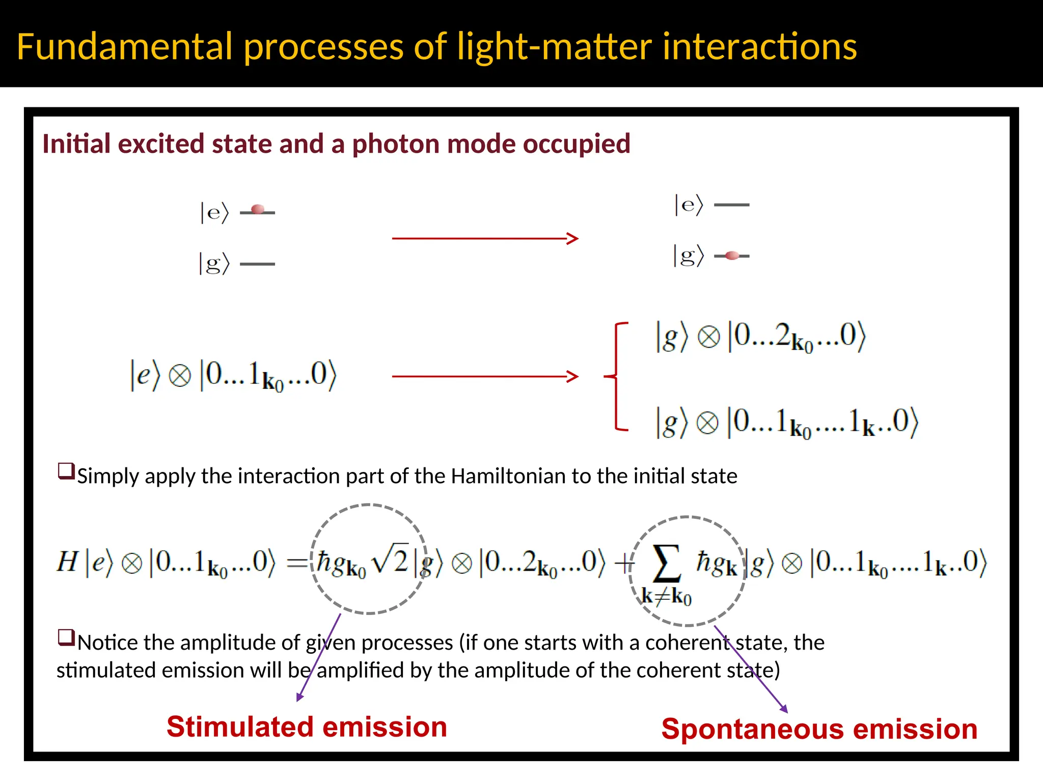 Fundamental processes of light-matter interactions
Initial excited state and a photon mode occupied
Simply apply the interaction part of the Hamiltonian to the initial state
Notice the amplitude of given processes (if one starts with a coherent state, the
stimulated emission will be amplified by the amplitude of the coherent state)
Stimulated emission Spontaneous emission
 