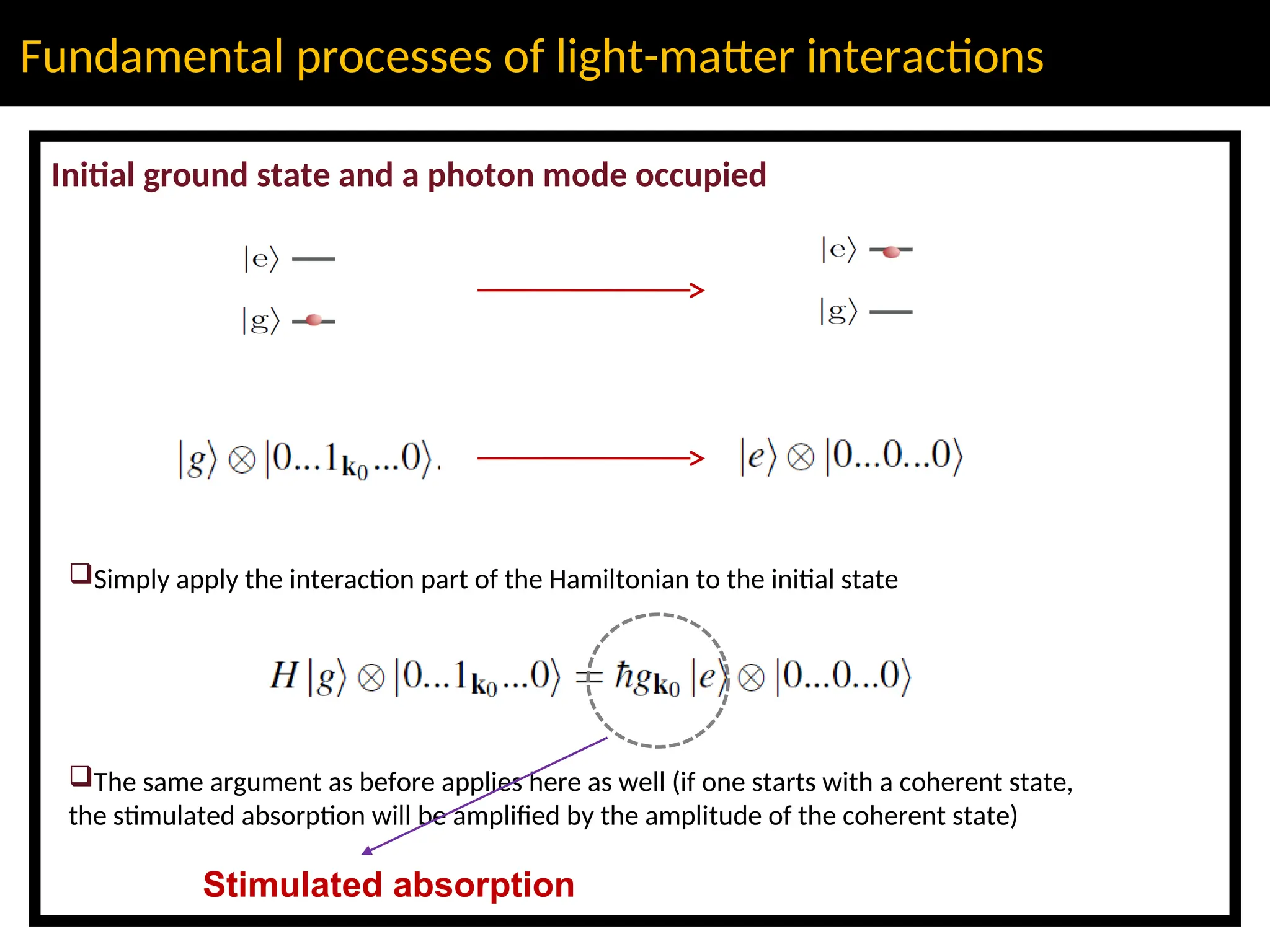 Fundamental processes of light-matter interactions
Initial ground state and a photon mode occupied
Simply apply the interaction part of the Hamiltonian to the initial state
The same argument as before applies here as well (if one starts with a coherent state,
the stimulated absorption will be amplified by the amplitude of the coherent state)
Stimulated absorption
 